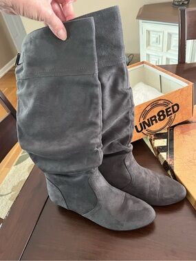 Gray suede slouch boots